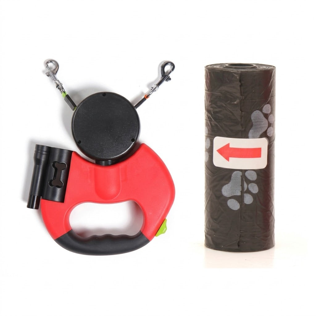 Correa Retráctil Doble 3m para 2 Perros – Linterna LED y Porta Bolsas