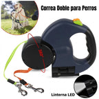 Correa Retráctil Doble para Perros – Con Linterna LED, Dispensador de Bolsas y Sistema Antienredos (3 Metros)