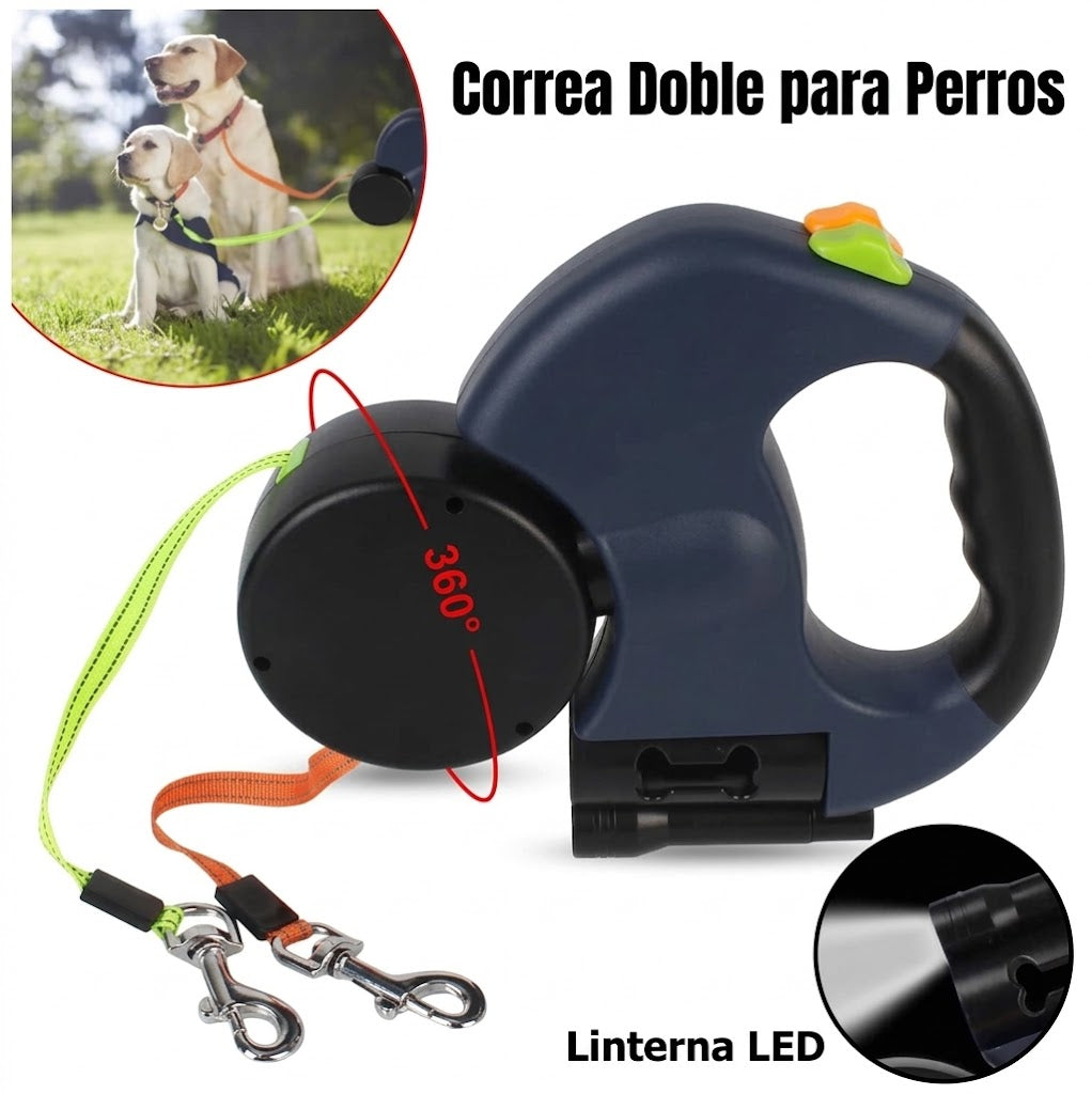 Correa Retráctil Doble para Perros – Con Linterna LED, Dispensador de Bolsas y Sistema Antienredos (3 Metros)