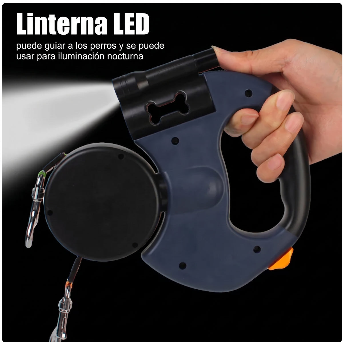 Correa Retráctil Doble para Perros – Con Linterna LED, Dispensador de Bolsas y Sistema Antienredos (3 Metros)
