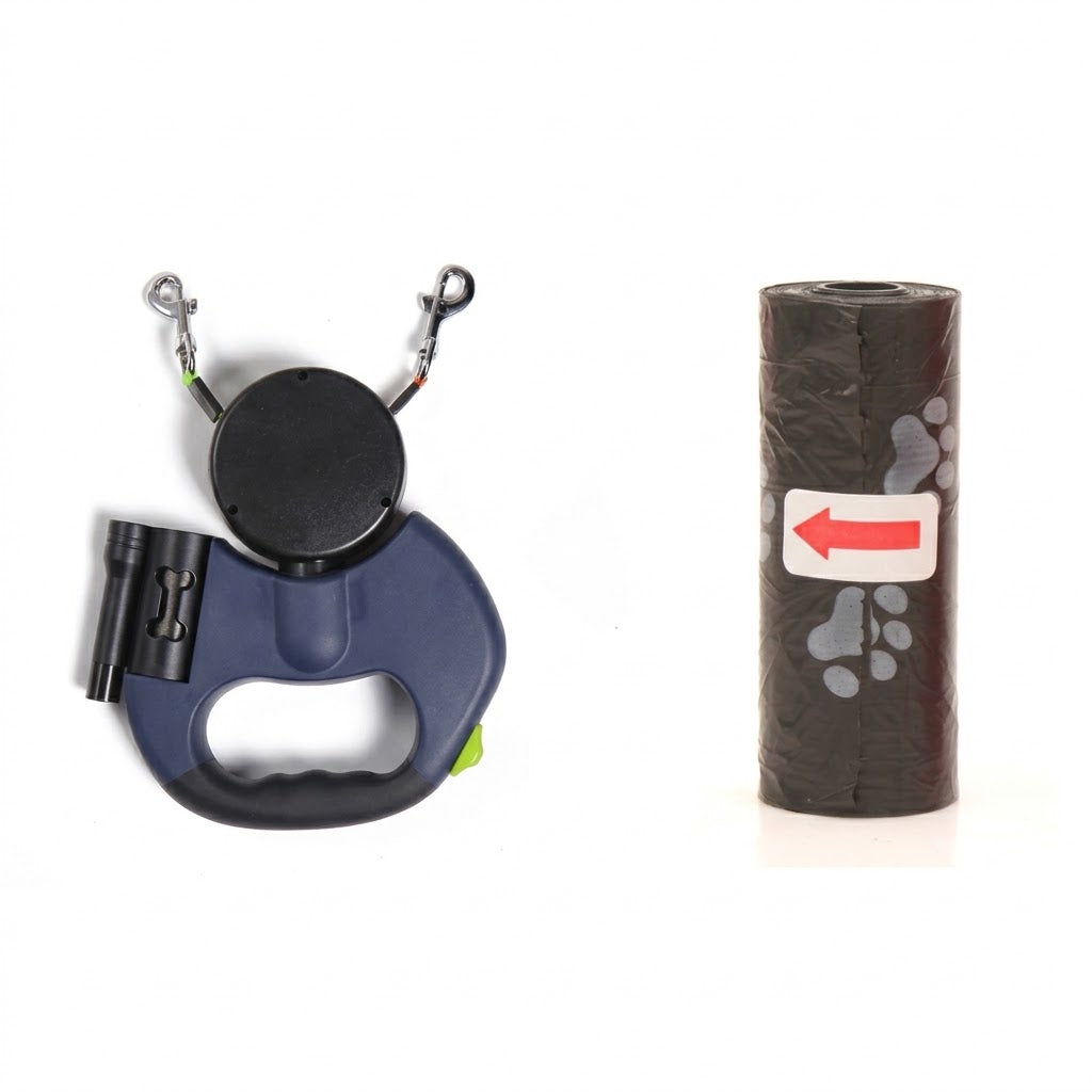 Correa Retráctil Doble 3m para 2 Perros – Linterna LED y Porta Bolsas